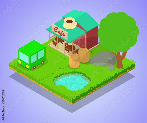 Village cafe concept banner. Isometric banner of village cafe vector concept for web, giftcard and postcard