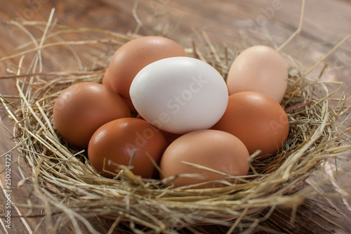 Fresh village chicken eggs on dark wooden background. Easter entourage. Basket or socket