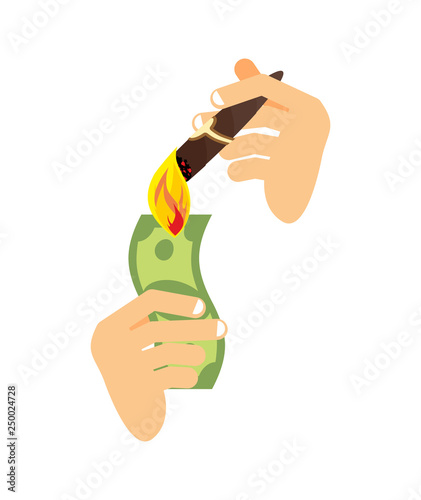 Lighting cigar with dollar isolated. Rich symbol Vector illustration. Sign of wealth