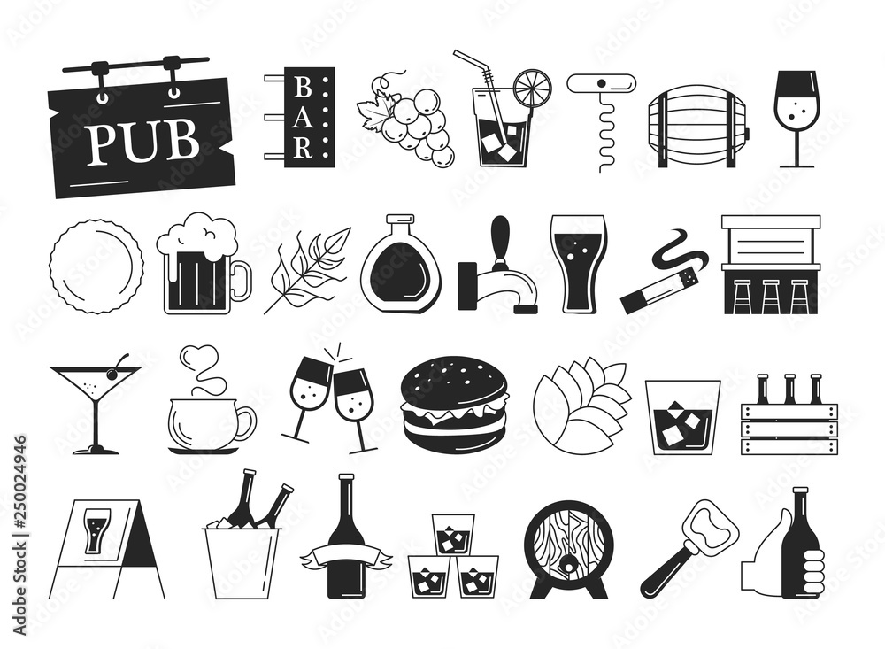 Bar icon set. Collection of alcohol symbol Bar icon set. Collection of alcohol symbol