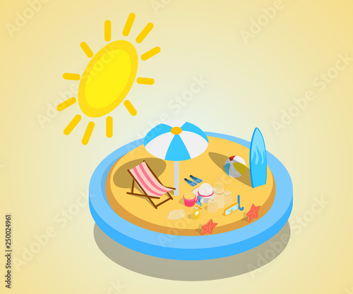 Beachfront concept banner. Isometric banner of beachfront vector concept for web, giftcard and postcard