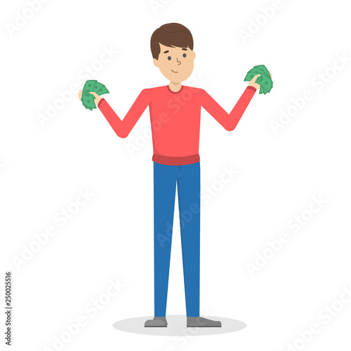 Man with money. Happy successfull man hoding money