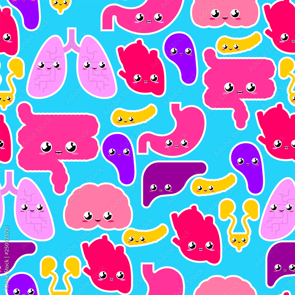 Cute Human Internal organs pattern seamless. Anatomy background cartoon style. Systems of man body and organs ornament. medical systems texture kids character. Childrens style Cute Human Internal organs pattern seamless. Anatomy background cartoon style. Systems of man body and organs ornament. medical systems texture kids character. Childrens style