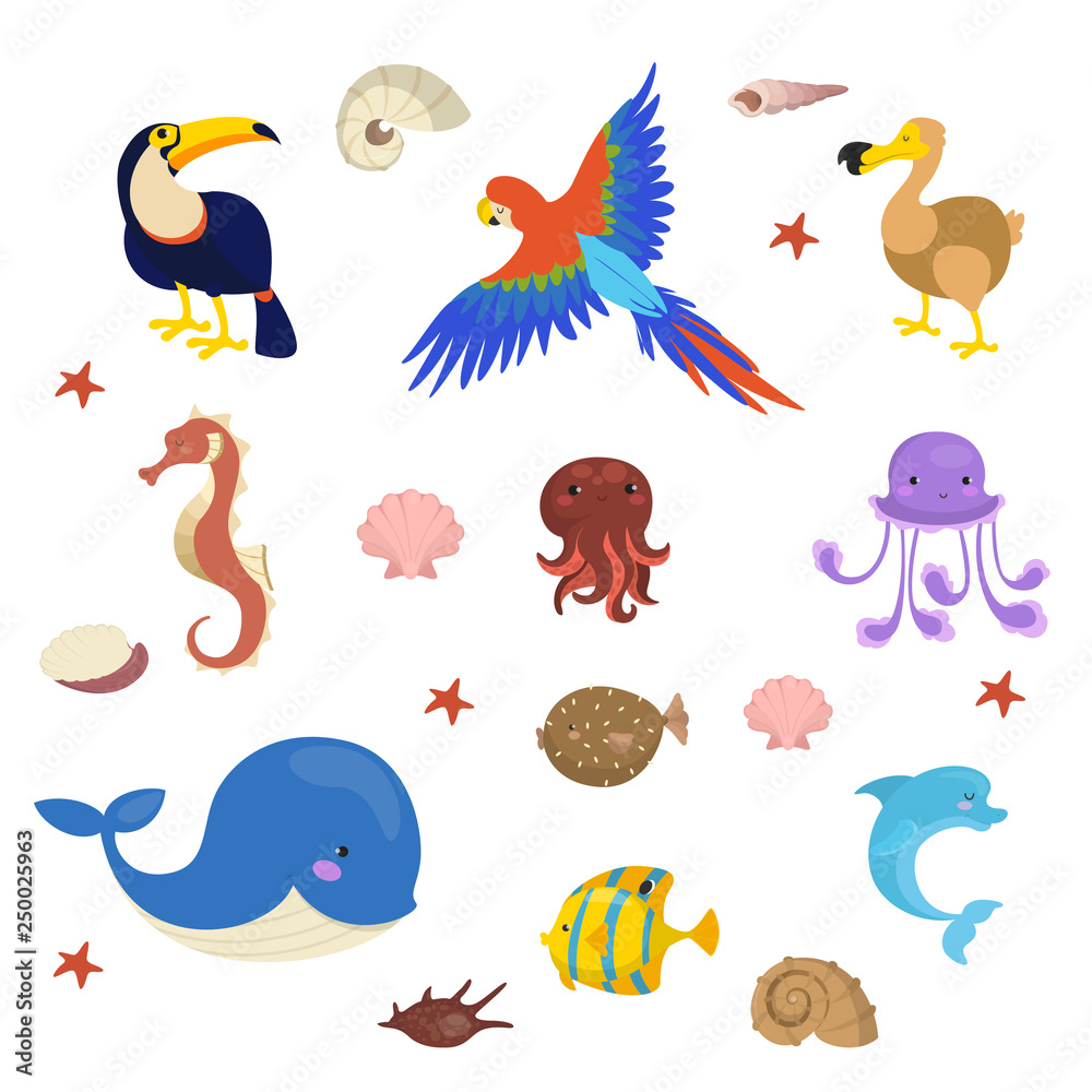 Tropical creature set. Collection of marine character Tropical creature set. Collection of marine character