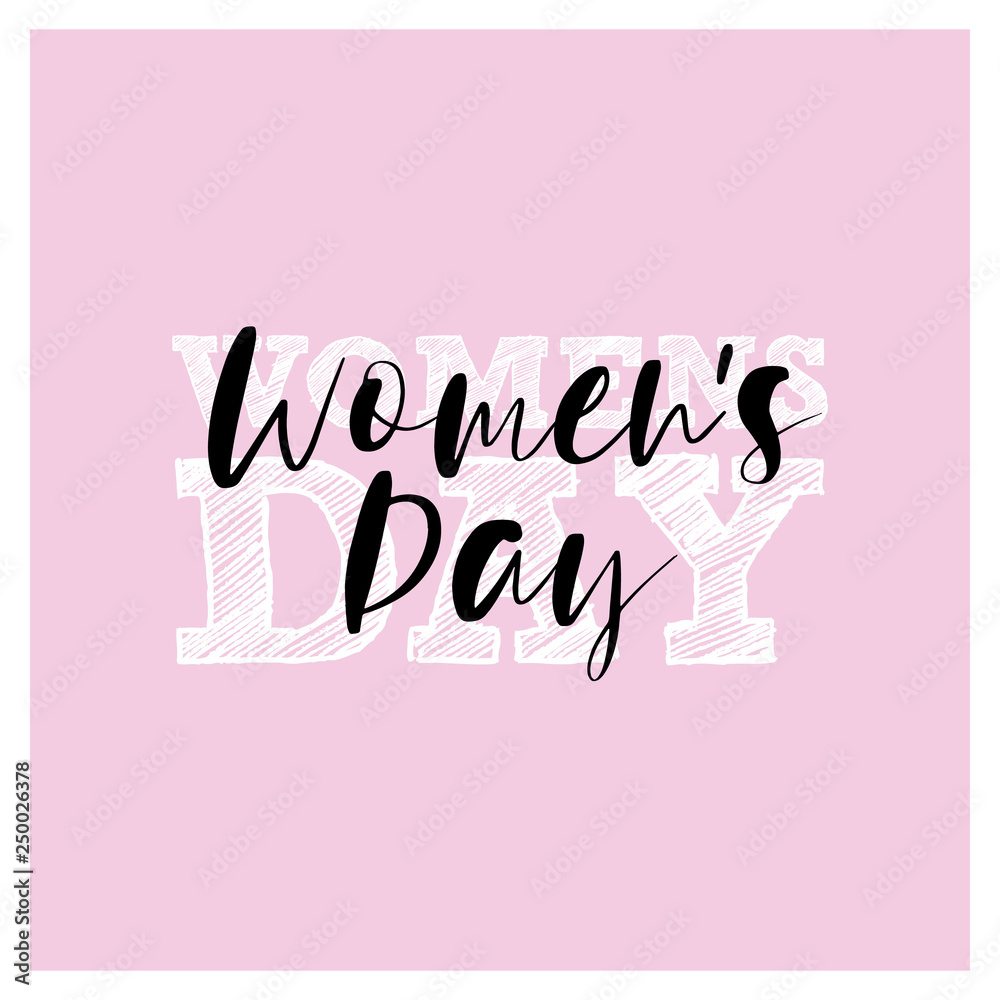 Women's Day celebration. Clean pink greeting card with congratulations. Creative lettering on cute light pink background.