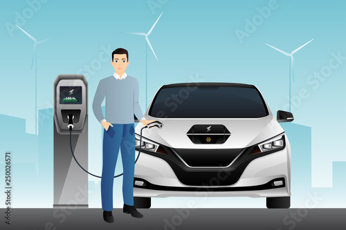Man charges an electric car at a charging station. Vector illustration EPS 10