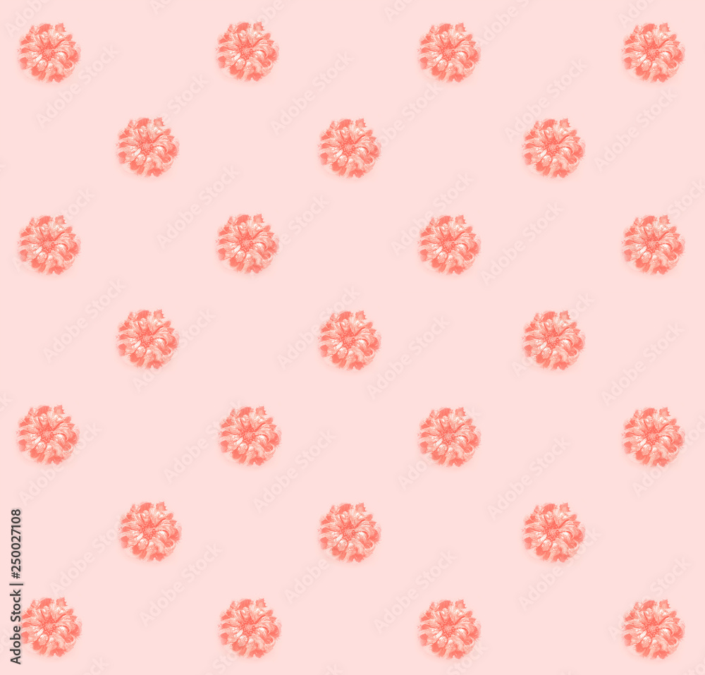 Seamless pattern with beautiful gentle flowers on pastel pink background. Trendy Living Coral colour.