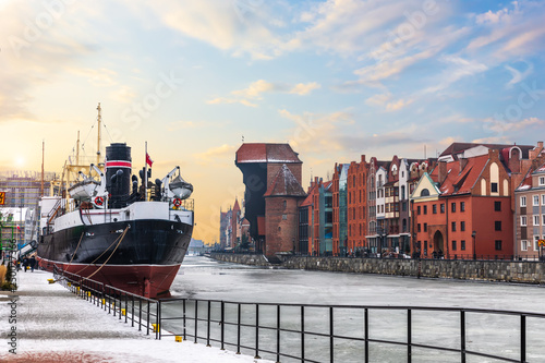 Soldek ship, the Motlawa and Zuraw Port Crane in Gdansk, Poland, winter view photo