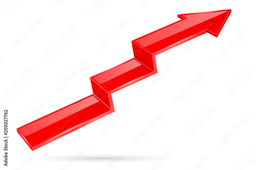 Red indication arrow. Moving up 3d financinal sign Red indication arrow. Moving up 3d financinal sign