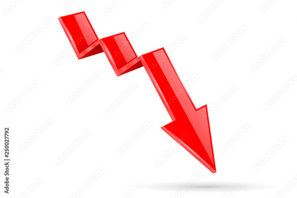 Red indication arrow. Moving down 3d financinal sign Red indication arrow. Moving down 3d financinal sign