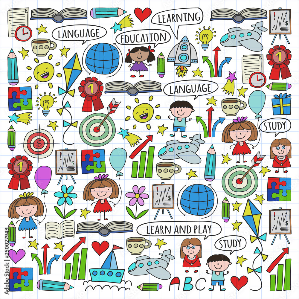 Vector set of learning English language, children's drawing icons in doodle style. Painted, colorful, on a sheet of checkered paper on a white background.