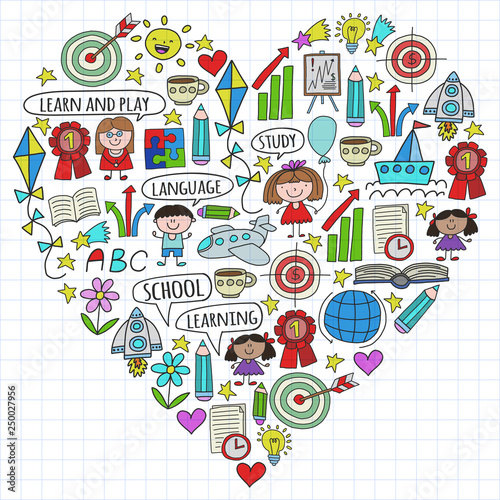 Vector set of learning English language  children s drawing icons in doodle style. Painted  colorful  on a sheet of checkered paper on a white background.