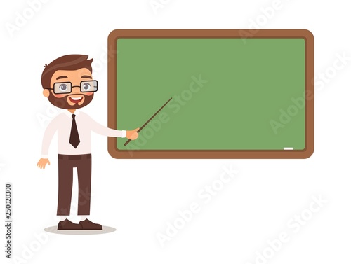 Teacher stands in front of a blackboard at school, college or university. Cartoon character design. Isolated on white background