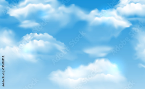 Vector realistic vibrant blue sky with fluffy white clouds seamless banner