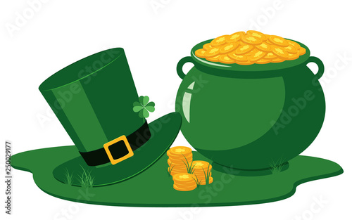 St Patrick Day traditional symbols of green leprechaun hat, pot with golden coins and shamrock leaf.