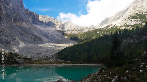 Dolomites, Italy. Lake Sorapis (Lago di Sorapis) in Dolomites, popular travel destination in Italy. Trentino Alto Adige © laraalex72
