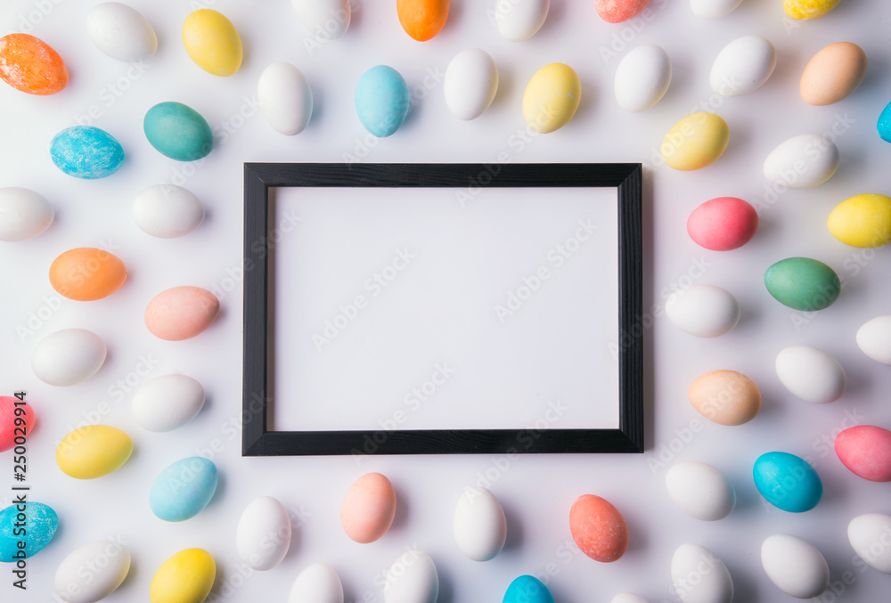 Eggs flat lay on a white background. Easter and spring composition. Copy space. Eggs flat lay on a white background. Easter and spring composition. Copy space.