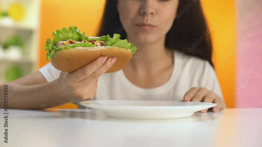 Young female biting delicious hot-dog and smiling, lunch break in restaurant Young female biting delicious hot-dog and smiling, lunch break in restaurant