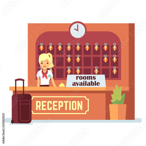 Rooms available vector illustration. Cartoon character girl and check-in desk in hotel or hostel. Room available on check desk service