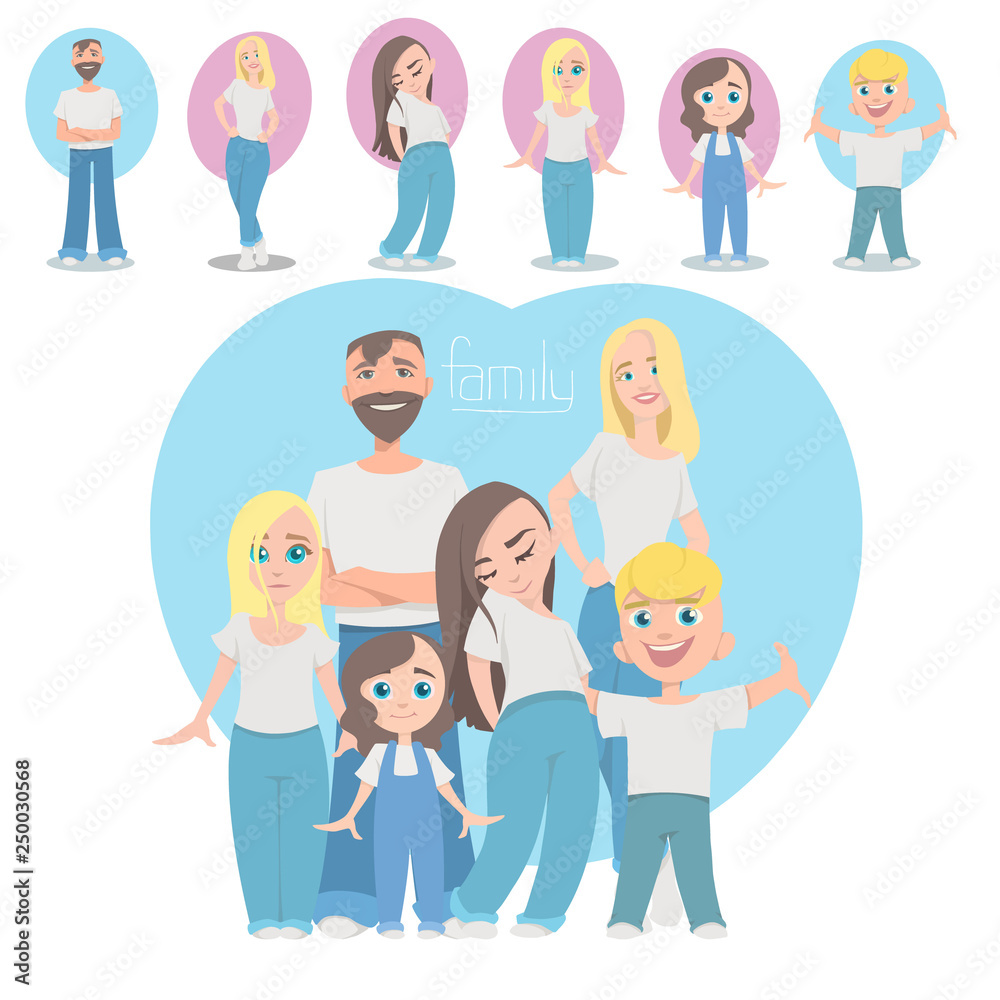Large family portrait. Vector people. Mom and Dad with children. Large family portrait. Vector people. Mom and Dad with children.