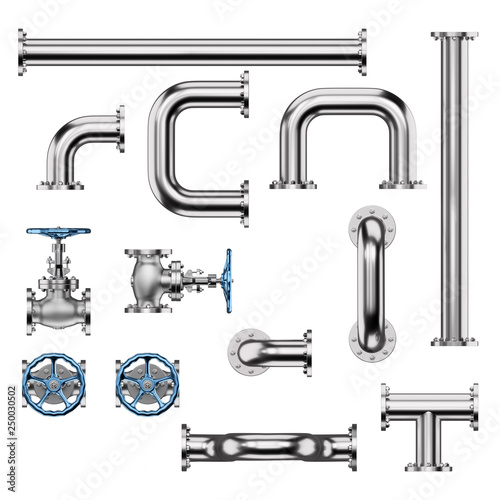 Industrial Pipes and Valves isolated on White Background. 3D illustration