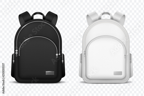 School backpack. Black and white rucksack. Front view travel bag. 3d vector mockup isolated. Illustration of school backpack, bag and schoolbag photo