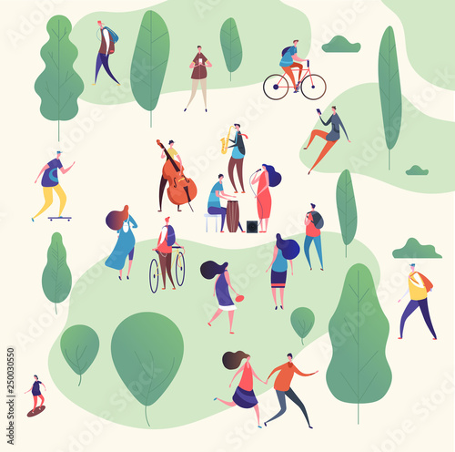 Musicians in park. Music band with guitars and musical instruments performing outdoor surrounded by trees. Vector illustration. Musician band in green public park
