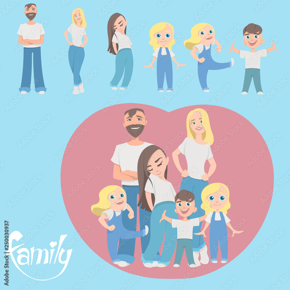 A happy family. Father, mother, son and daughter and twins girls together. Vector illustration flat design A happy family. Father, mother, son and daughter and twins girls together. Vector illustration flat design