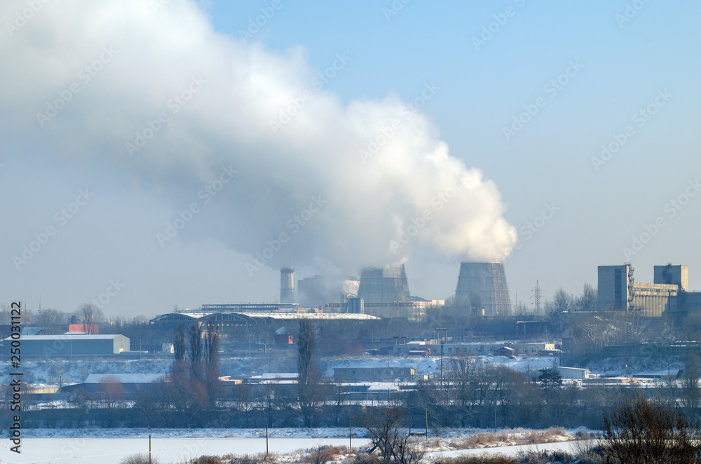 Thermal power plant with chimneys, industrial landscape
