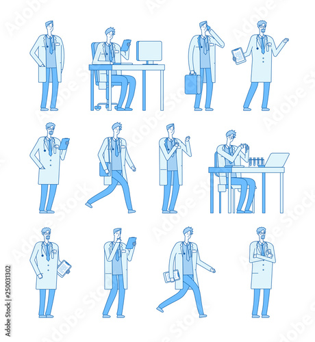 Doctor man characters. Medicine people doctors dentist health manager vector line flat cartoon character set. Therapist and dentist, specialist doctor and manager worker in hospital illustration