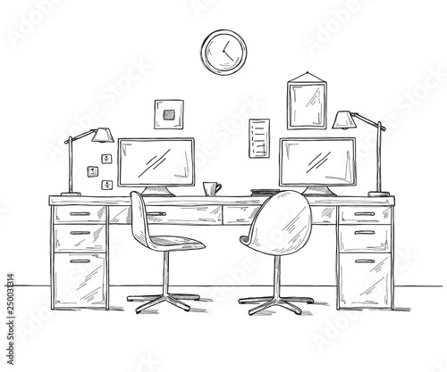 Open Space office. Workplaces outdoors. Tables, chairs. Vector illustration
