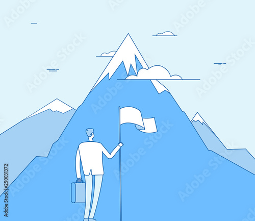Businessman at mountain. Successful man with flag beginning success achievement. Corporate purpose, achiever vision vector concept. Illustration of businessman success, opportunity and achievement