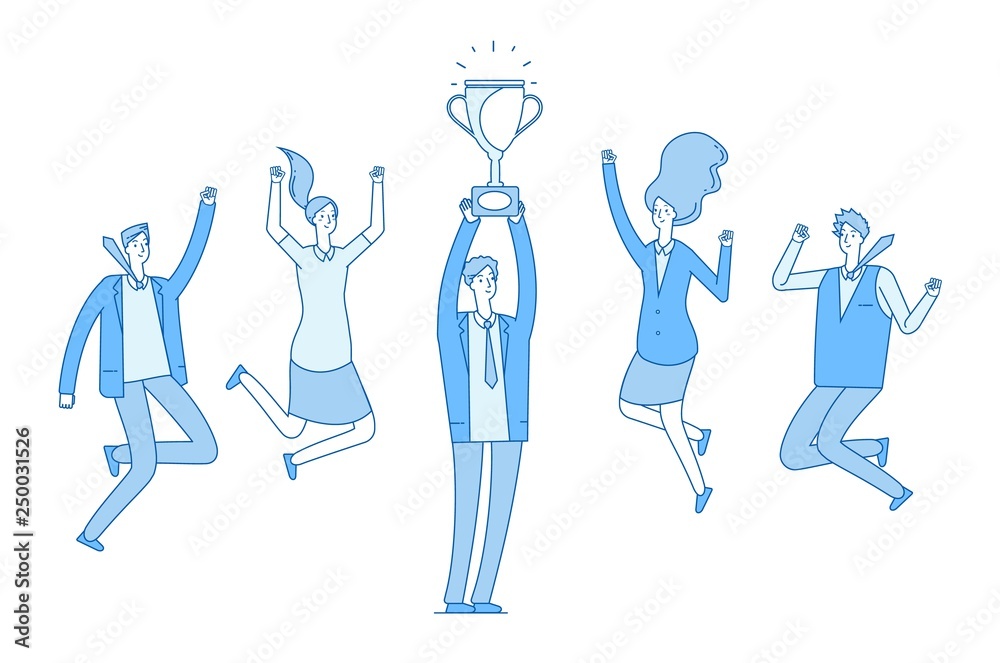 Man with trophy cup. Businessman winner and jumping team best employee rewards business leader winning flat line vector concept. Businessman with trophy, win and victory illustration Man with trophy cup. Businessman winner and jumping team best employee rewards business leader winning flat line vector concept. Businessman with trophy, win and victory illustration