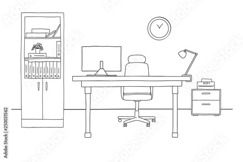 Sketch the room. Office chair, desk, various objects on the table. Sketch workspace. Vector