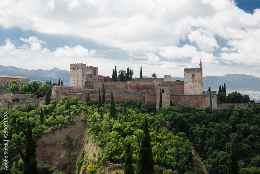 Alhambra Granada on hill panorama Monument