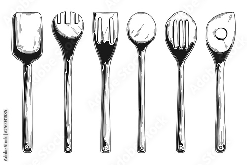 Kitchen set of different wooden spoons. Vector