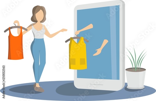 Online Shoping Concept. Girl trying on dresses.