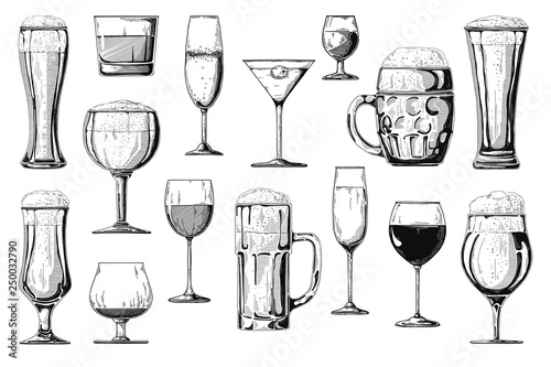 Big set of different alcoholic beverages. Vector.