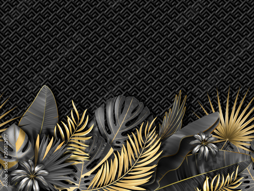 Horizontal seamless pattern with gold black grayscale colored tropical exotic palm leaves border on abstract geometric zigzag style background. Fabric, wrapping paper print. Vector illustration