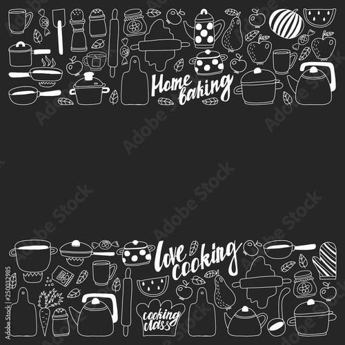 Vector set of icons in doodle style. Painted, black monochrome, chalk pictures on a blackboard.