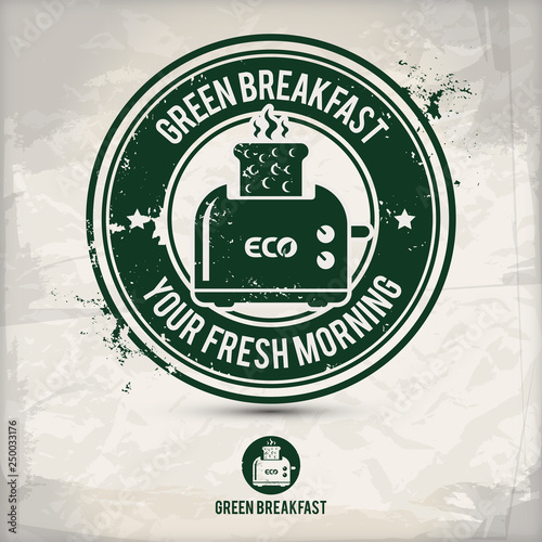 alternative green breakfast stamp containing: two environmentally sound eco motifs in circle frames, grunge ink rubber stamp effect, textured paper background, eps10 vector illustration