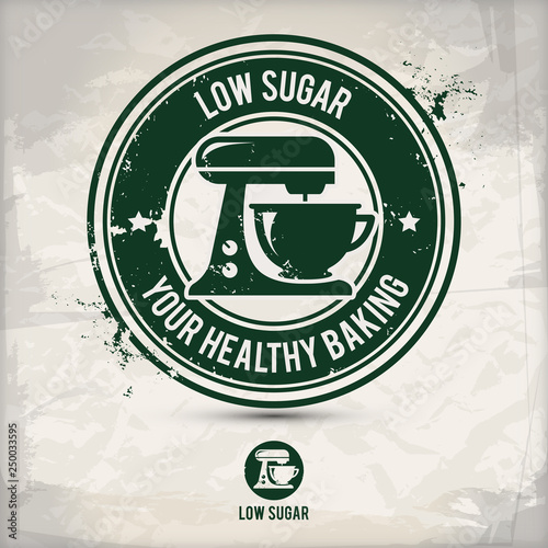 alternative low sugar stamp containing: two environmentally sound eco motifs in circle frames, grunge ink rubber stamp effect, textured paper background, eps10 vector illustration