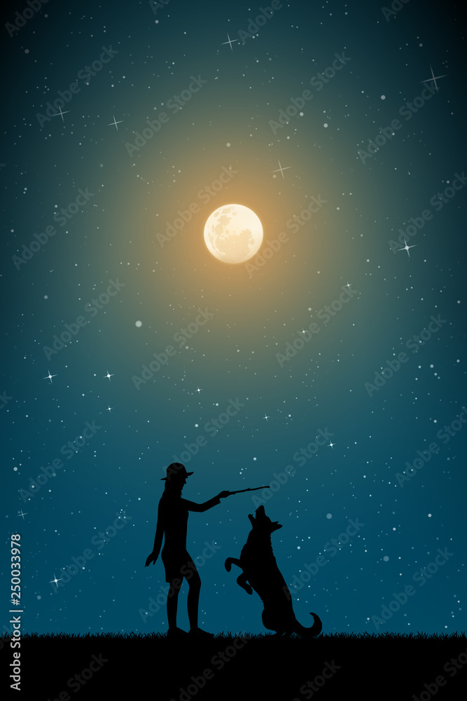 Girl trains dog on moonlit night. Vector illustration with silhouettes of woman and pet in park. Full moon in starry sky