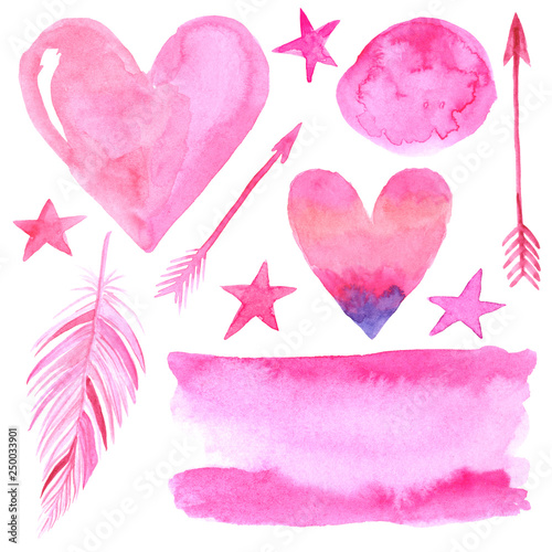 Watercolour flower with leaves,  and of pink, red color can be used for postcard, wedding card, invitation, birthday card and DIY project. Isolated objects on a white background.