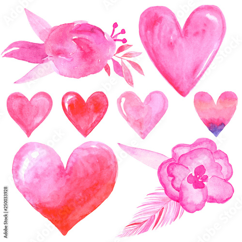 Watercolour flower with leaves,  and of pink, red color can be used for postcard, wedding card, invitation, birthday card and DIY project. Isolated objects on a white background.