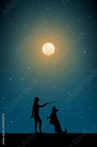 Girl trains dog on moonlit night. Vector illustration with silhouettes of woman and pet in park. Full moon in starry sky