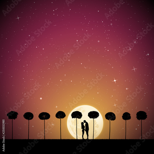 Lovers between trees on moonlit night. Vector illustration with silhouette of loving couple in park. Northern lights in starry sky. Full moon in starry sky.