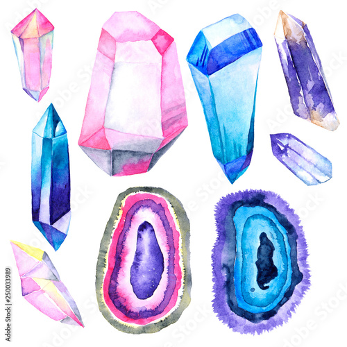 Set of hand painting watercolor diamonds and gems. Isolated objects with real watercolour texture on a white background. Perfect for gift paper, magic decor or fabric textile.