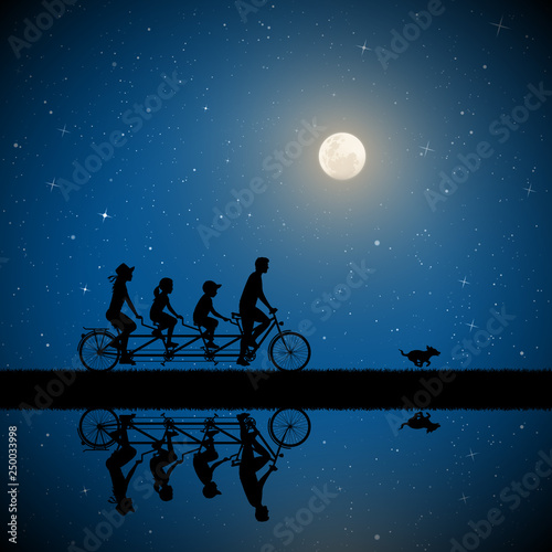 Family on bike tandem on moonlit night. Active rest of parents with children in park. Vector illustration with silhouettes of cyclists on bicycle and running dog. Full moon in starry sky
