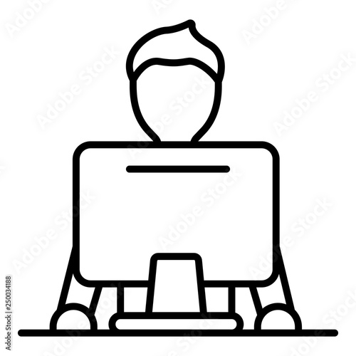 Man at computer icon. Outline man at computer vector icon for web design isolated on white background